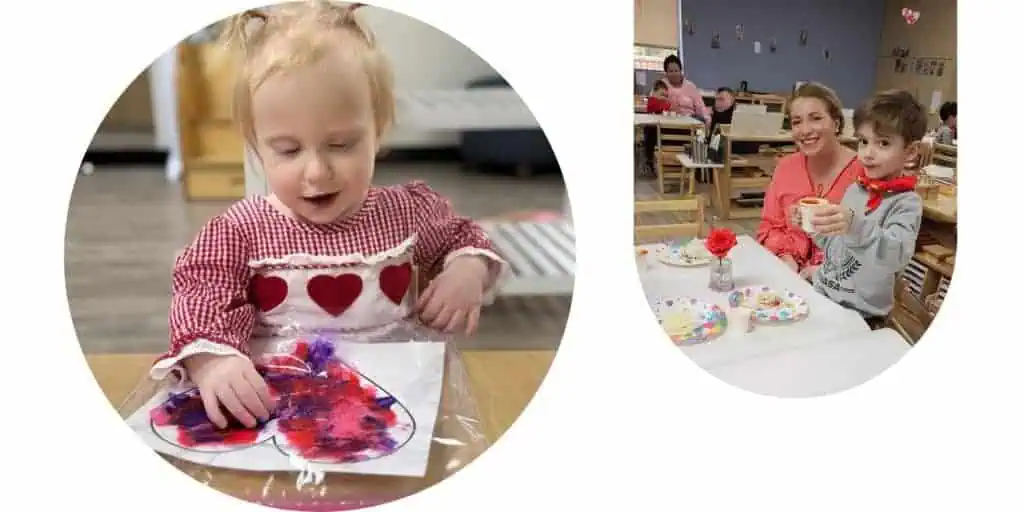 Toddler exploring paint and texture while creating heart-shaped artwork in a Montessori classroom.