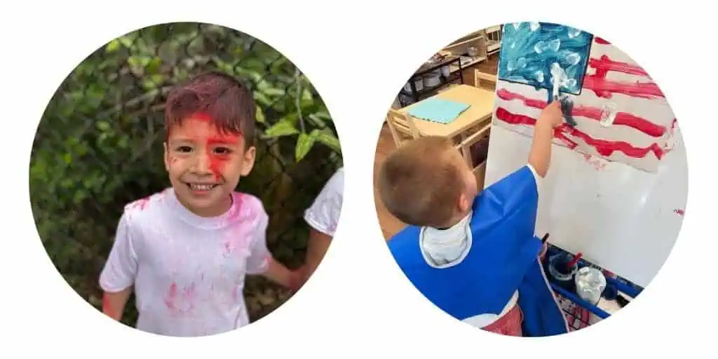 Child painting a flag as part of a Montessori cultural or civic study.
