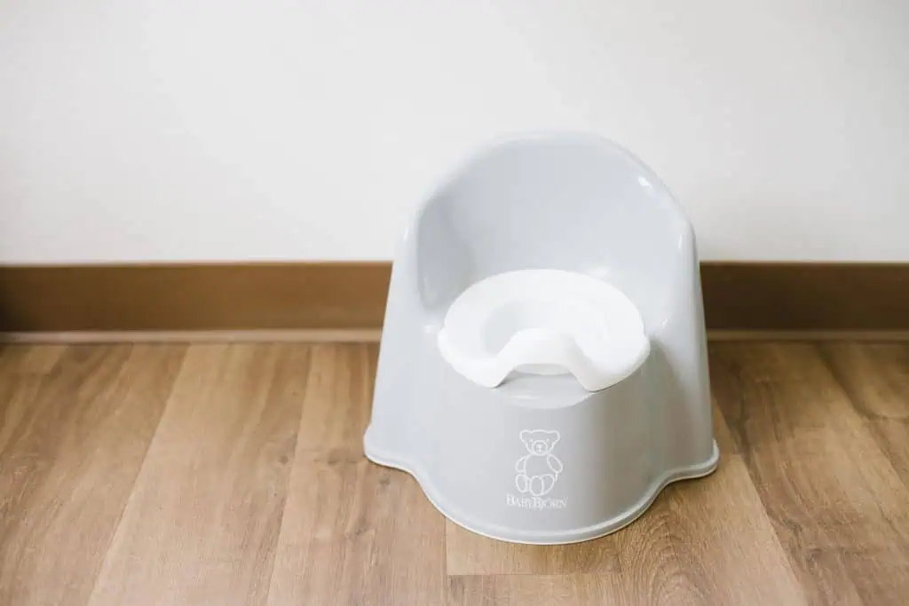 Child-sized potty chair used during potty training as part of stand-up diapering and early toileting preparation.
