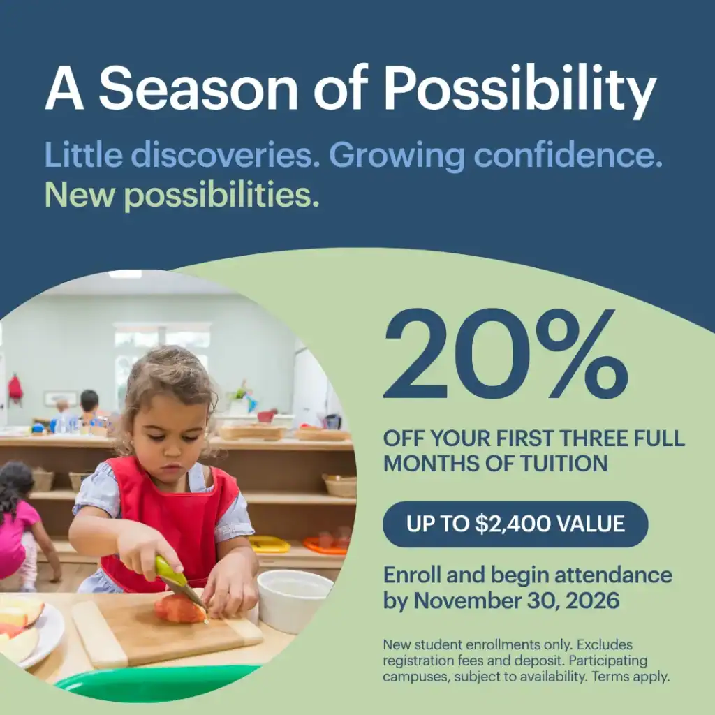 Young girl cooking in a Montessori classroom with promotional offer text.